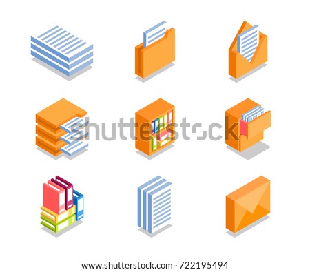 Simple Set of Business Icons in flat isometric 3D style. Contains such Icons as Folder with documents, Securities, Envelope and more.