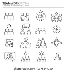 Simple set of business icons, such as team, teamwork, communication, talk, group, member, network, partnership, vector line icons. Editable Stroke. 64X64 Pixel Perfect.