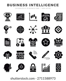 Conjunto simple de iconos de glifo de Vector relacionados con inteligencia empresarial.