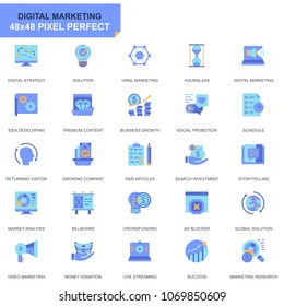 Simple Set Business and Marketing Flat Icons for Website and Mobile Apps. Contains such Icons as Digital Strategy, Global Solution, Market. 48x48 Pixel Perfect. Editable Stroke. Vector illustration.