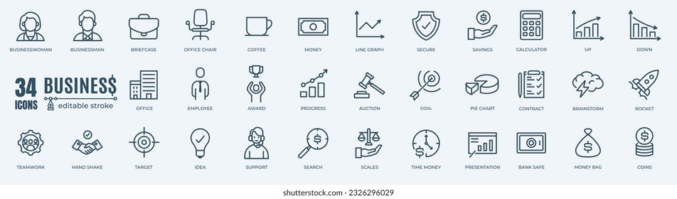 Simple Set of Business, Money and Finance Related Vector Line Icons. Contains thin Icons as Briefcase, Chart, Office and more. Editable Stroke. 48x48 Pixel Perfect 