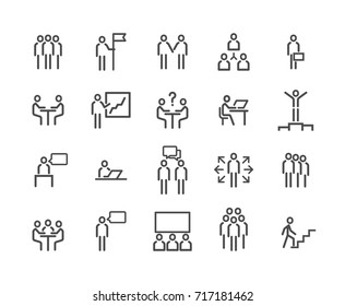 Simple Set of Business People Icons on White Background. One-on-One Meeting, Workplace, Business Communication, Team Structure and more. Vector illustration