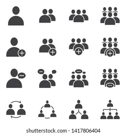 Sencillo conjunto de iconos sólidos de glifo plano relacionados con personas de negocios. Contiene, entre otros, Meeting, Business Communication, Teamwork, connection, talk y más.