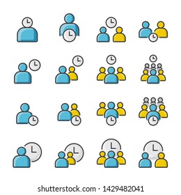 Simple Set of Business People Related Vector filled color outline flat blue and yellow Icons. time management, organization, community, group of people or person, appointment and more illustration