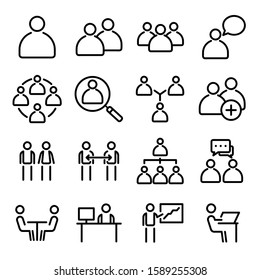 Simple Set of Business People Related Vector Line Icons. Contains such Icons as One-on-One Meeting, Workplace, Business Communication, Team Structure. Simple Set of Team Work Related Vector Line Icons