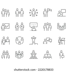 
Simple set of business people related vector line icons. Contains such Icons as One on One Meeting, Workplace Team Structure, Business Communication, and more.