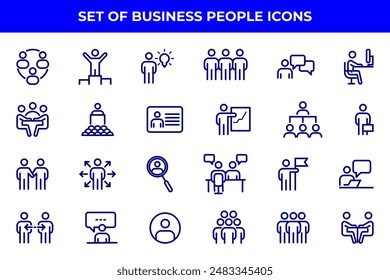 Simple Set of Business People Related Vector Line Icons. Contains such Icons as One-on-One Meeting, Workplace, Business Communication, Team Structure and more.