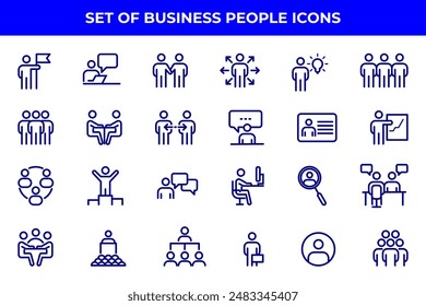 Simple Set of Business People Related Vector Line Icons. Contains such Icons as One-on-One Meeting, Workplace, Business Communication, Team Structure and more.