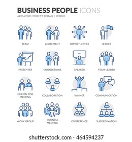 Simple Set of Business People Related Color Vector Line Icons. 
Contains such Icons as  Business Meeting, Handshake, Agreement, One on One Meeting and more. 
Editable Stroke. 64x64 Pixel Perfect. 