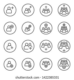 Simple Set of Business People Vector flat outLine Icons with round. Contains such as teamwork, group of people, colleague, positive, add, increase, Member, bossted, and more. illustration eps 10