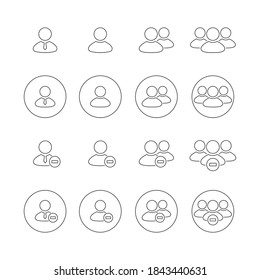 Simple Set of Business People Vector Thin Line Icons with round. Contains such as group of people, delete, decrease, ban, cancle, fire, exclude, minus, negative and more. illustration eps 10