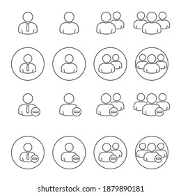 Simple Set of Business People Vector Thin Line Icons with round. Contains such as group of people, delete, decrease, ban, cancle, fire, exclude, minus, negative and more