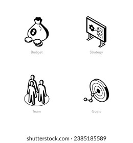 Simple set of business plan icons. Contains such symbols as Budget, Strategy, Team and Goals.