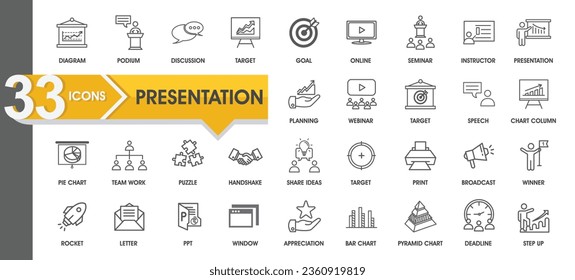 Simple Set of Business Presentation Related Vector Line Icons. Contains such Icons as Presenter, Teacher, Audience and more. Editable Stroke. set of presentation icons, meeting, seminar, teamwork, 