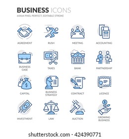 Simple Set of Business Related Color Vector Line Icons. 
Contains such Icons as Handshake, Business Meeting, Law, Licence and more. 
Editable Stroke. 64x64 Pixel Perfect. 