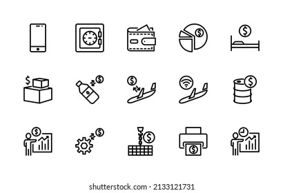 Einfache Zusammenstellung von geschäftsbezogenen Vektorgrafiken linearer Symbole. Enthält Symbole wie: Unternehmen, Industrie, Verträge, Luftfahrt, Transaktionen und mehr. Bearbeitbarer Strich. 48 x 48 Pixel sind perfekt.