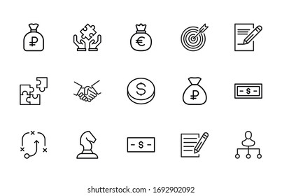 Sencillo conjunto de estrategias de negocio iconos modernos de línea delgada. Diseño moderno. Paquete de iconos de trazo. Ilustración vectorial aislada en un fondo blanco. Símbolos de calidad superior.