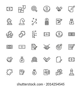 Sencillo conjunto de estrategias de negocio iconos modernos de línea delgada. Diseño de moda. Paquete de iconos de trazo. Ilustración vectorial aislada en un fondo blanco. Símbolos de calidad premium.