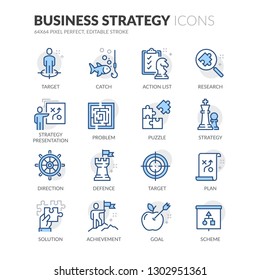 Simple Set of Business Strategy Related Vector Line Icons. Contains such Icons as Action List, Research, Solution and more. Editable Stroke. 64x64 Pixel Perfect.