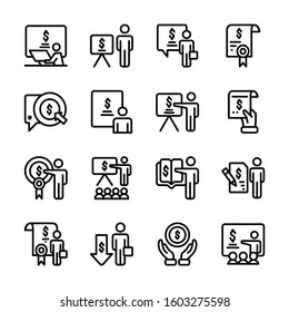 Simple Set of Business Training Lines Related Vector Icons. Contains Icons such as Presentations, Classes, Mentoring, and other vector illustrations. 43