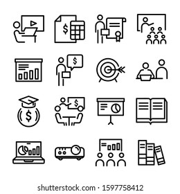 Simple Set of Business Training Related Vector Line Icons. Contains such Icons as Presentation, Class, Mentoring and more