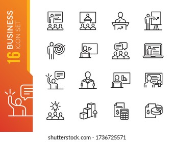 Simple Set Of Business Training Related Vector Line Icons. Contains Such Icons As Presentation, Class, Mentoring And More.