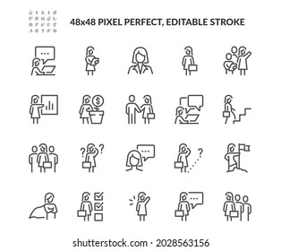 Einfache Auswahl an Vektorgrafik-Symbolen für Geschäftsfrauen. 
Enthält Symbole wie Handshake, Meeting, Female Leader und mehr. Bearbeitbarer Stroke. 48x48 Pixel perfekt.