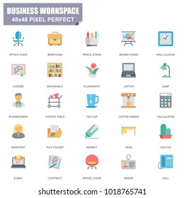 Simple Set of Business Workspace Related Vector Flat Icons. Contains such Icons as Office Chair, Bookshelf, Laptop, Businessman, Board Stand and more. Editable Stroke. 48x48 Pixel Perfect.