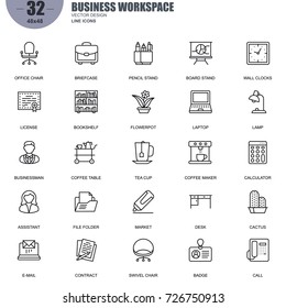 Simple Set of Business Workspace Related Vector Line Icons. Contains such Icons as Office Chair, Bookshelf, Laptop, Businessman, Board Stand and more. Editable Stroke. 48x48 Pixel Perfect.