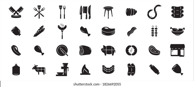 Simple Juego de carnicería y tienda de carne Relacionados Iconos vectores, diseños gráficos. Contiene tales íconos como cuchillo, costilla, lomo de ternera, cerdo, salchicha, trozo de carne, molino, barbacoa, parrilla y vaca