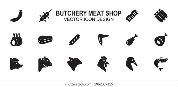 Simple Set of butchery meat shop Related Vector icon user interface graphic design. Contains such Icons as sausage, satay, bacon, ribs, beef, drumstick, chicken, lamb, duck, shrimp and more