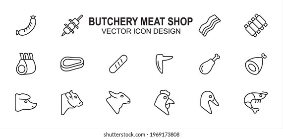 Simple Set of butchery meat shop Related Vector icon user interface graphic design. Contains such Icons as sausage, satay, bacon, ribs, beef, drumstick, chicken, lamb, duck, shrimp and more