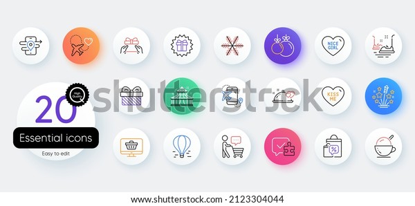 Simple
set of Buyer think, Snowflake and Gift line icons. Include Nice
girl, Ice cream, Puzzle icons. Honeymoon travel, Sale bags, Bumper
cars web elements. Surprise gift, Circus.
Vector