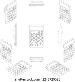 Icono de calculadora pequeña, línea, diseño 2D, vista múltiple, icono, logotipo, ilustración, vector