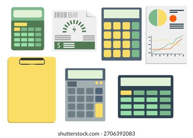 Conjunto simple con una calculadora, facturas de energía y una carta de colores. Ilustración plana.