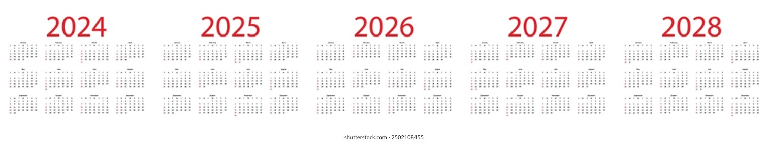 Calendario sencillo para 2024 - 2028 años. Calendario de Vector editable

