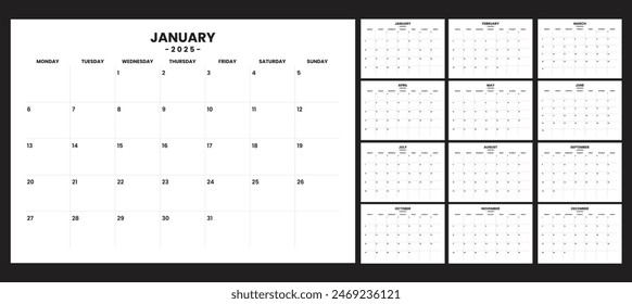 Simple set calendar 2025, start on monday