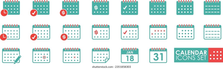 Simple Set of Calendar. Different styles of Solid and line icons vector collection.