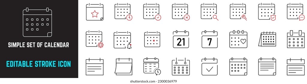 Simple Set of Calendar Editable Stroke Line Icons, Contains such Icons as Notification, Processing, Heart, Appointment, Settings, Log, Working Schedule and more. Set of calendar symbols in line vector