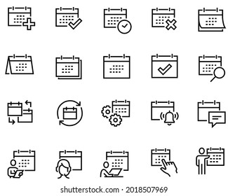 	
Conjunto simple de iconos de línea de vectores relacionados con el calendario. Contiene iconos como Cita, Configuración de fecha, Calendario de trabajo y más