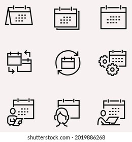 Conjunto simple de iconos de línea de vectores relacionados con el calendario. Contiene iconos como Cita, Configuración de fecha, Programación de trabajo y más. Stroke editable. 4000x4000 Pixel Perfecto