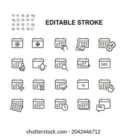 Simple Set Of Calendar Related Vector Line Icons. Contains Icons like Season, Appointment, Date Setting, Work Schedule and many more. Editable Strokes. eps10.