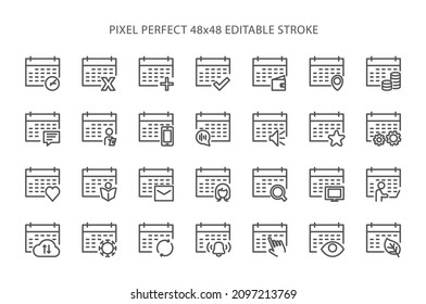 Simple set of calendar related vector line icons. Flat, digital icon set for web and mobile. Pixel Perfect 48x48 Editable Stroke.