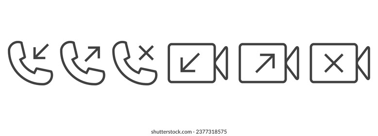 Simple set of Call and video call icons in linear style. Telephone  icons with symbol of caller, missed, outgoing and incoming. Set of signs for support. Vector illustration.