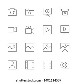 Simple Set of Camera Related Vector Thin line Icons. Contains such as   Video, photo, image, drone, recorder, phyography, film, picture, cinema, studio and more. illustration.
