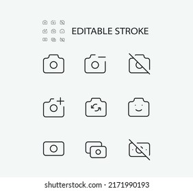 Simple Set of Camera Related Vector Line Icons. Contains such Icons as Camera, Audio and Watch and more. Editable Stroke. 72x72 Pixel Perfect.