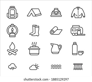 Simple Set of camping gear Related Vector icon user interface graphic design. Contains such Icons as backpack, tent, helmet, jacket, boot, petroleum lamp, mat, trailer, thermos, weather, river