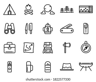 Simple set of camping on white background, sach as knife, campfire, axe, backpack and compass.