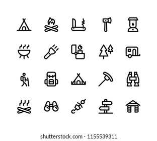 Simple Set of Camping Related Vector Line Icons. Contains such Icons as Camp, Fire, Knife, Hatchet, Lamp and More. pixel perfect vector icons based on 32px grid editable strokes.