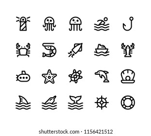 Simple Set of Camping Related Vector Line Icons. Contains such Icons as Lighthouse, Jellyfish, Crab, Shrimp, Squid and More. pixel perfect vector icons based on 32px grid editable strokes. 